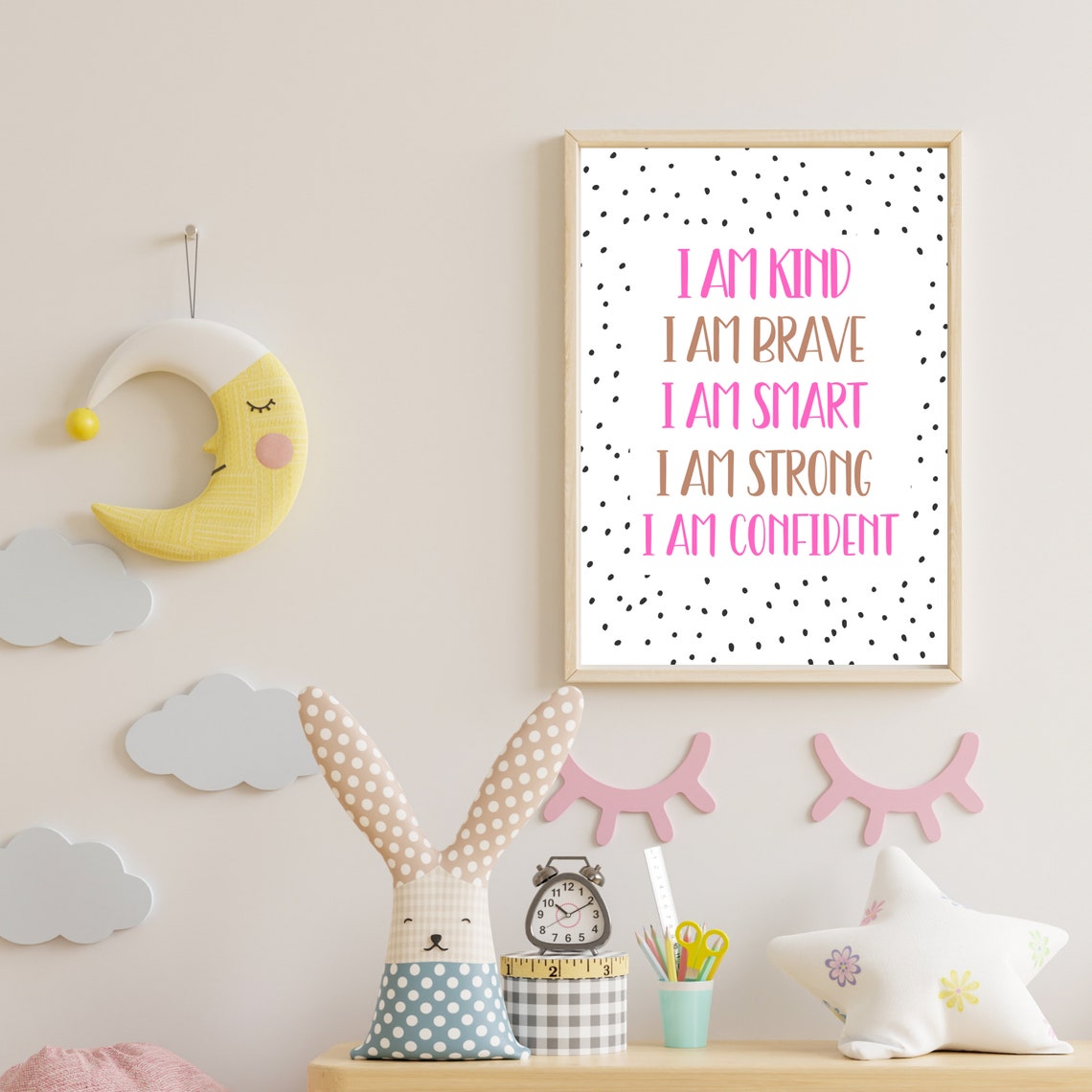 Pink Taupe Kids Affirmations Kind Brave Strong Confident Poster - Image 3