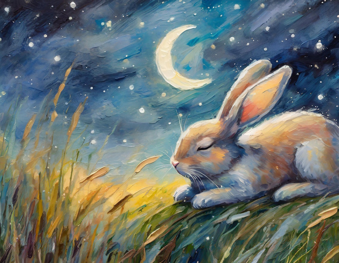 Sleeping Bunny In Moonlit Meadow Crescent Moon Nursery Wall Art Poster