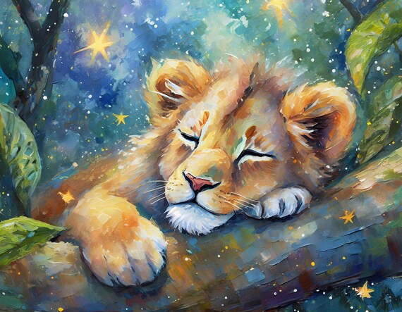 Sleeping Lion Cub On Tree Branch Under Starry Sky Nursery Poster