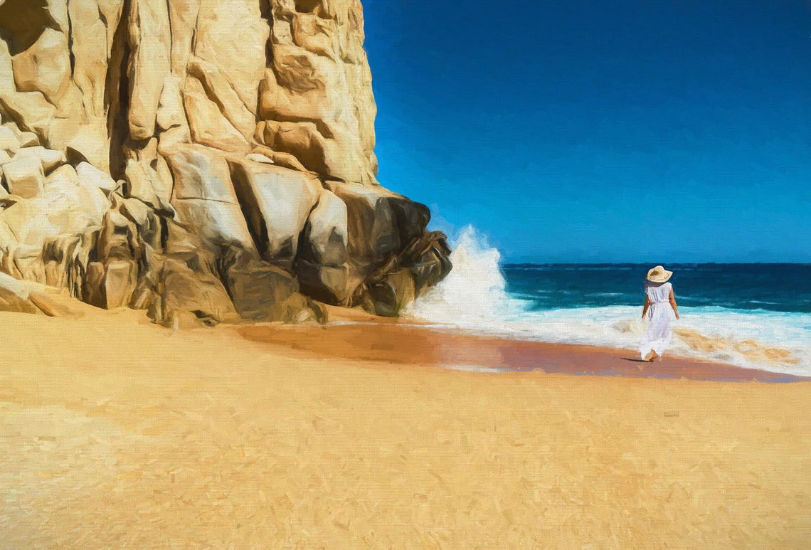 Cabo San Lucas Rocky Cliff Beach Stroll Painterly Sunset Travel Poster