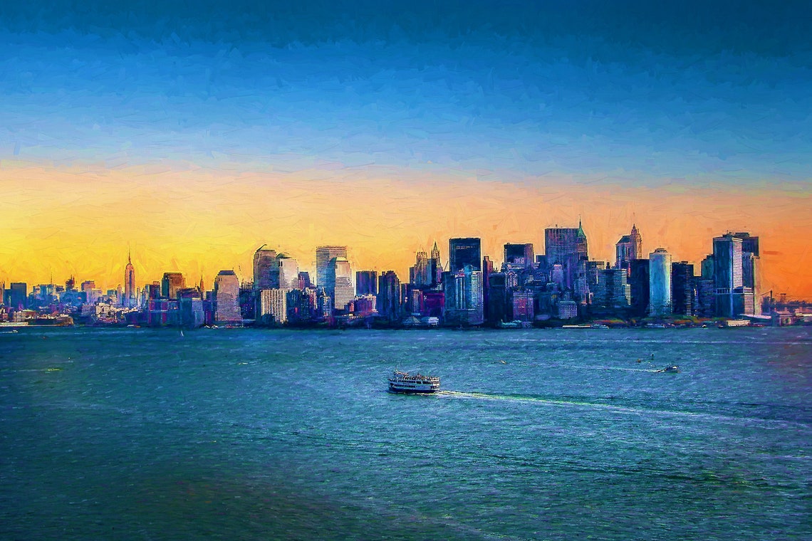 New York City Manhattan Skyline Sunset Ferry on the Hudson Poster