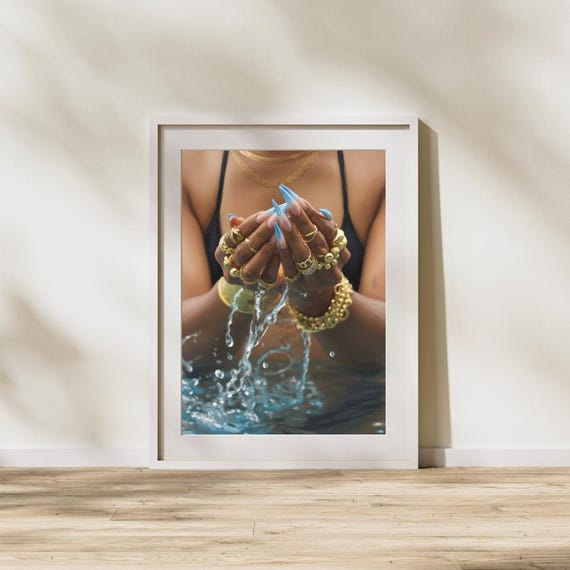 Water Luxury Gold Jewelry Art Print Blue Nails Fashion