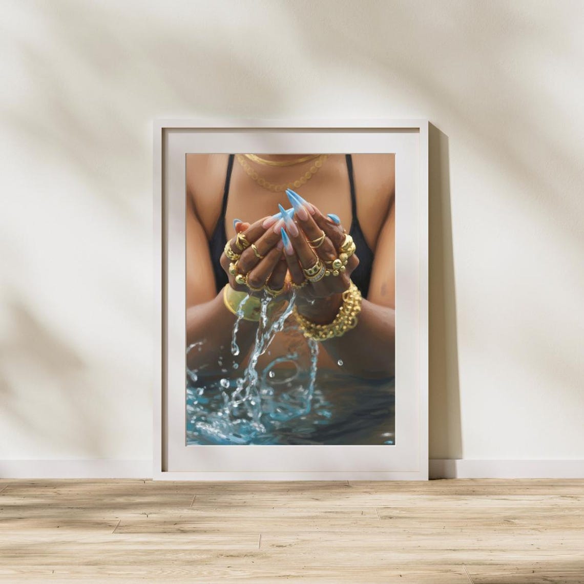 Gold Jewelry Blue Nails Water Splash Glam Fashion Photography Poster