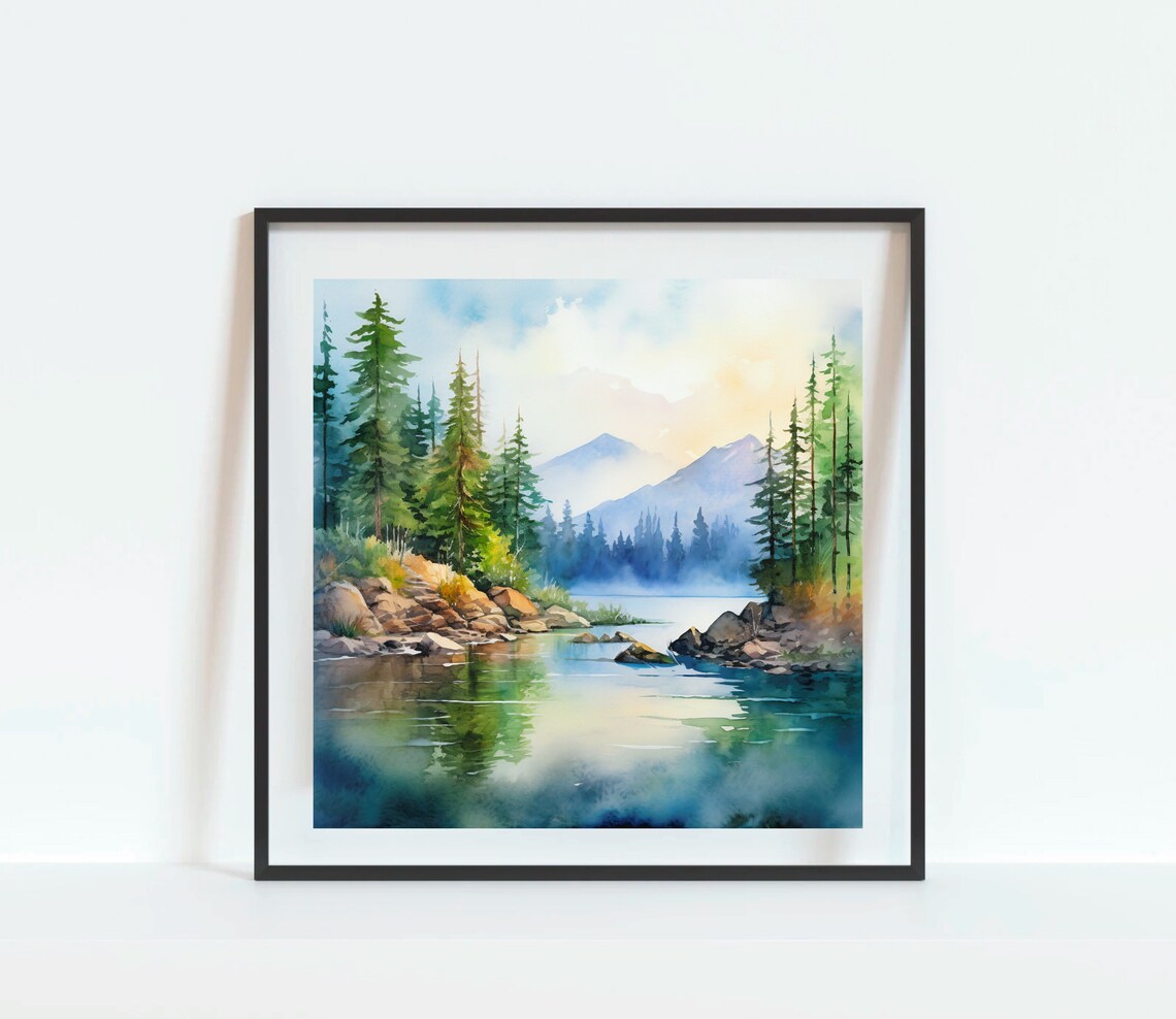 Mountain River Landscape Watercolor Art Print - Image 2