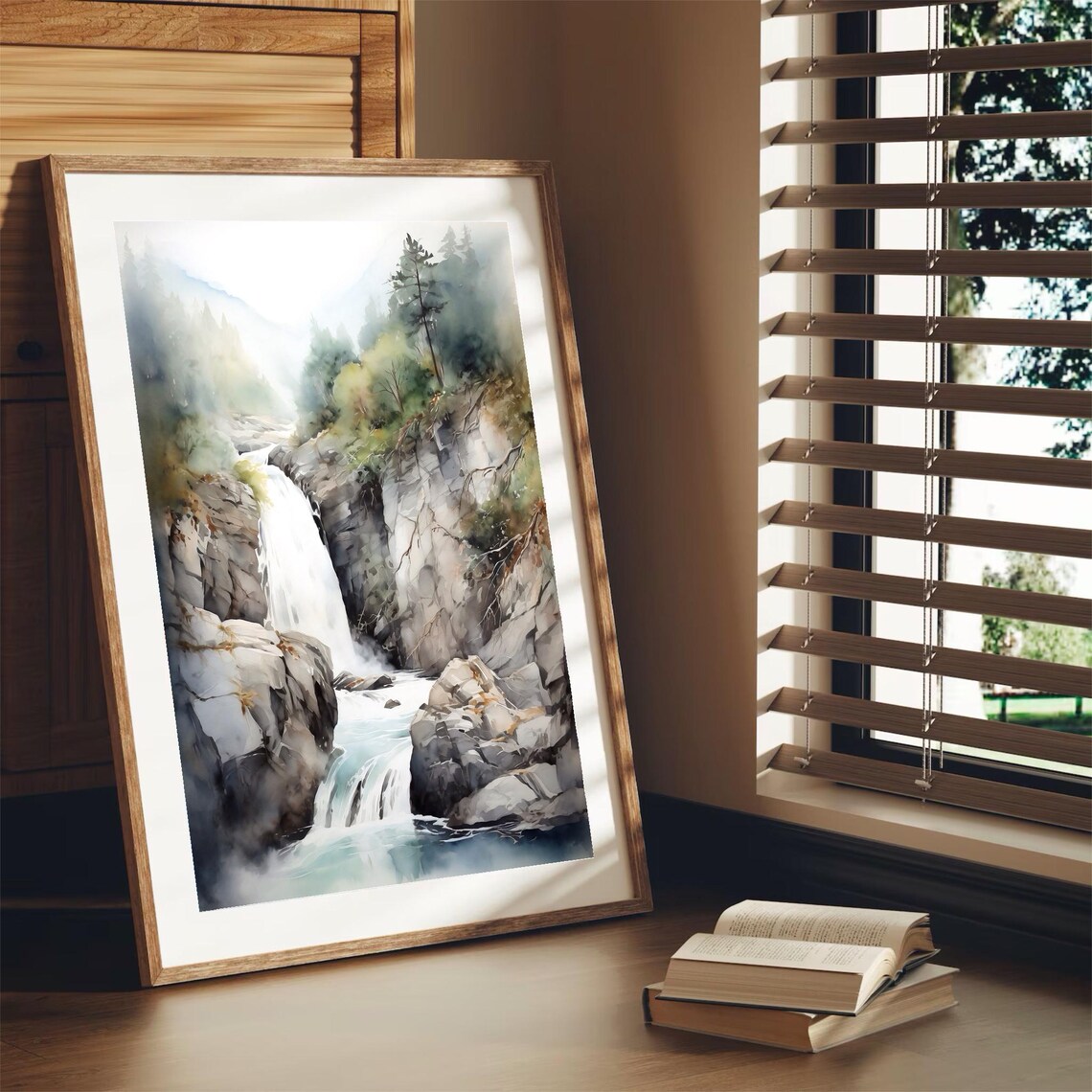 Forest Canyon Waterfall Plunging Into Rocky Pool Watercolor Poster - Image 5