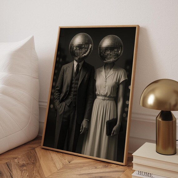 Surreal Disco Ball Head Couple Retro Vintage Portrait Photography Poster