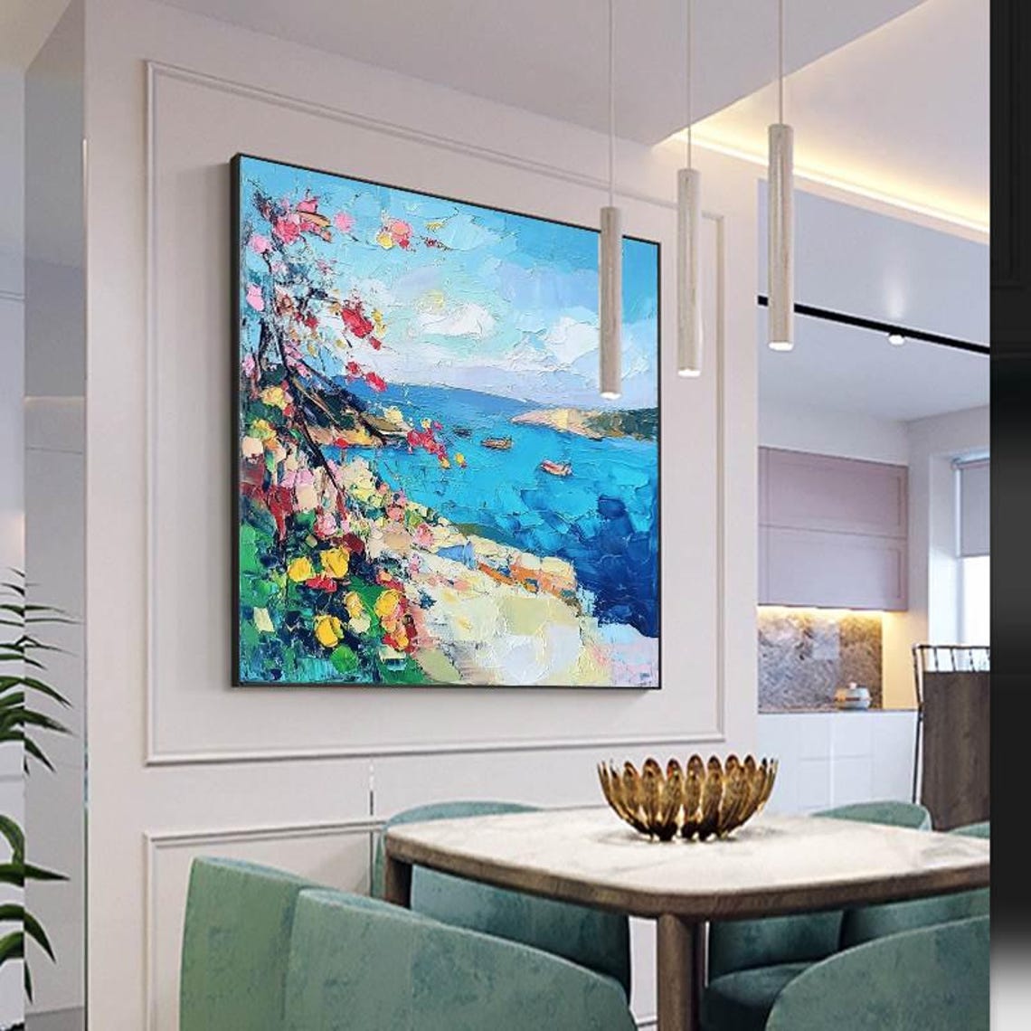 Mediterranean Coast With Blue Sea Flowering Tree Scene Painting Poster - Image 2