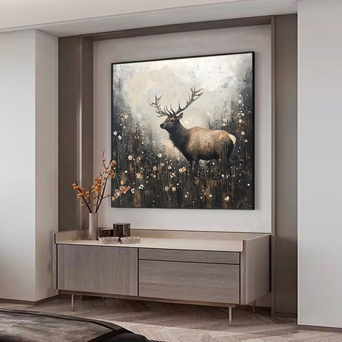 Majestic Elk Standing in a Moody Dark Wildflower Meadow Poster - Image 2