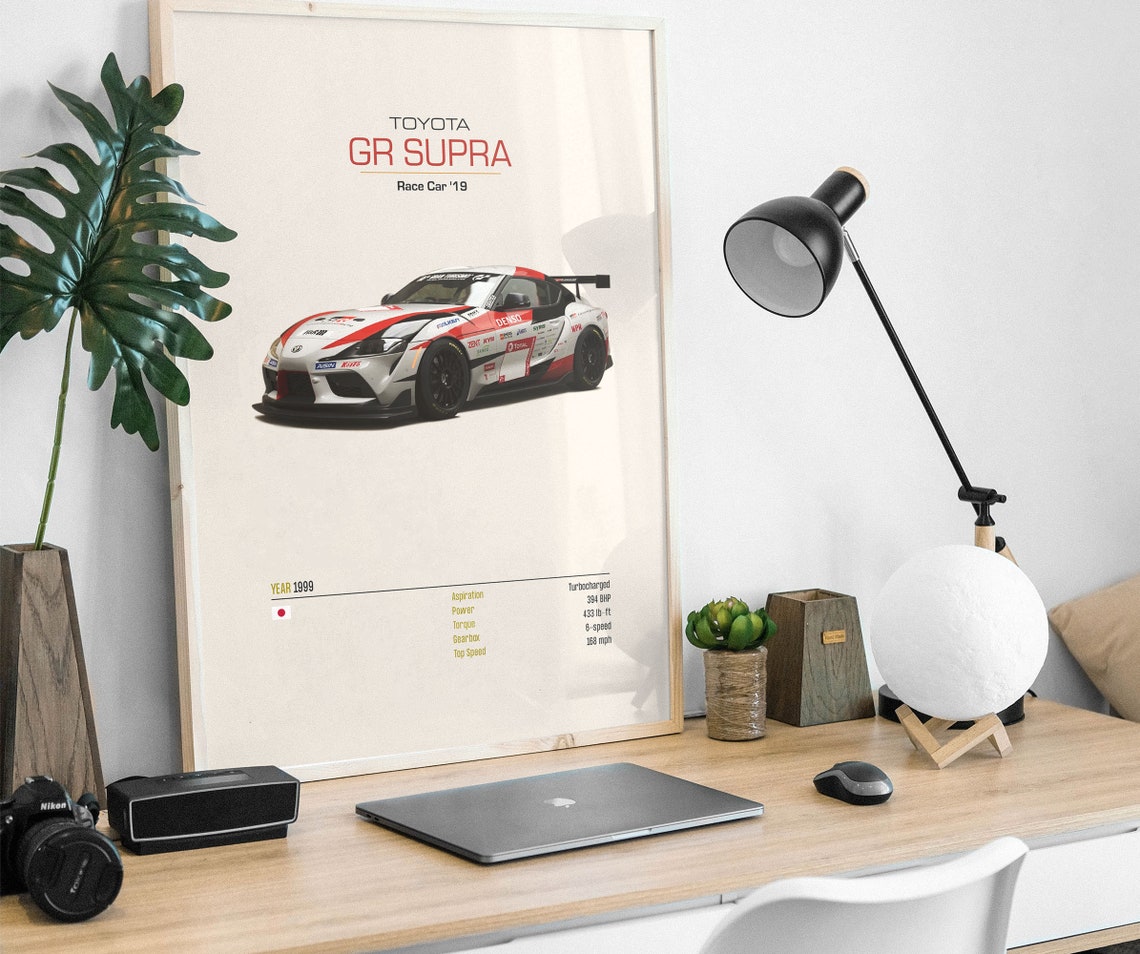 Toyota GR Supra Race Car Spec Sheet Poster in Red and White Livery