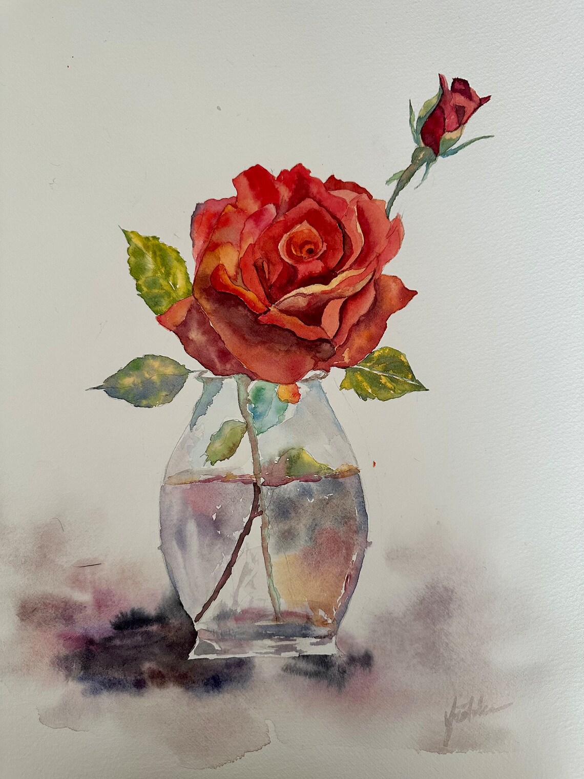Single Red Rose with Bud in a Clear Glass Vase Watercolor Poster - Image 2