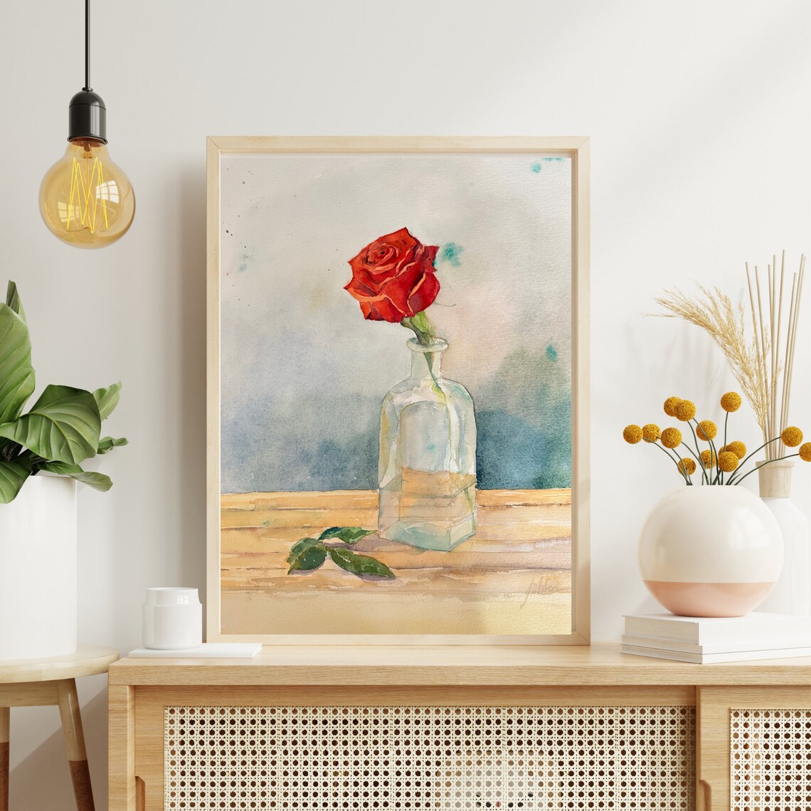 Single Red Rose in Glass Bottle Still Life Watercolor Painting Poster - Image 2