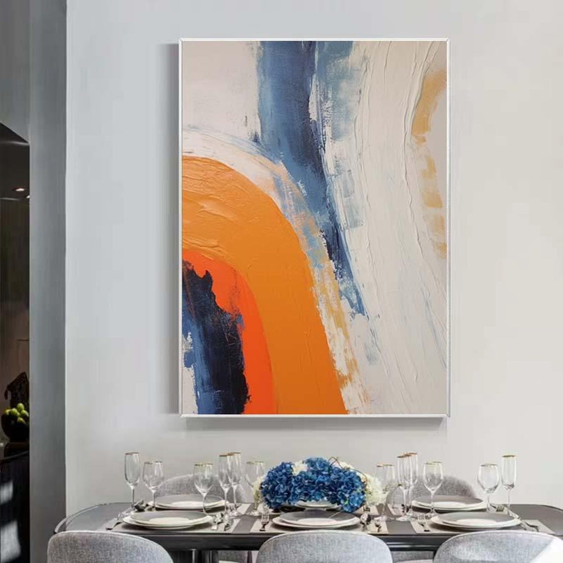 Bold Orange Rainbow Arc Abstract Sweeping Over Blue White Poster - Image 2
