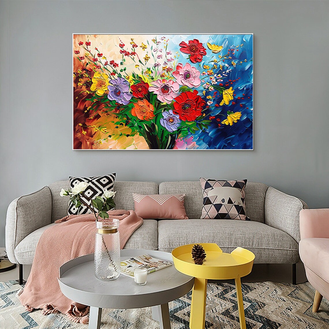 Colorful Mixed Flower Bouquet Impasto Painting on Blue Canvas Poster - Image 5