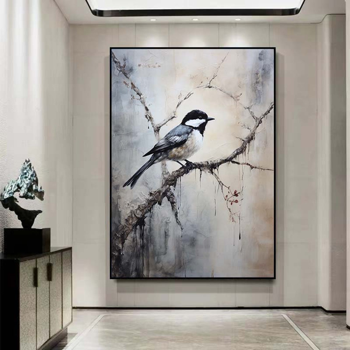 Black And White Chickadee Perched On Branch Misty Art Poster - Image 2