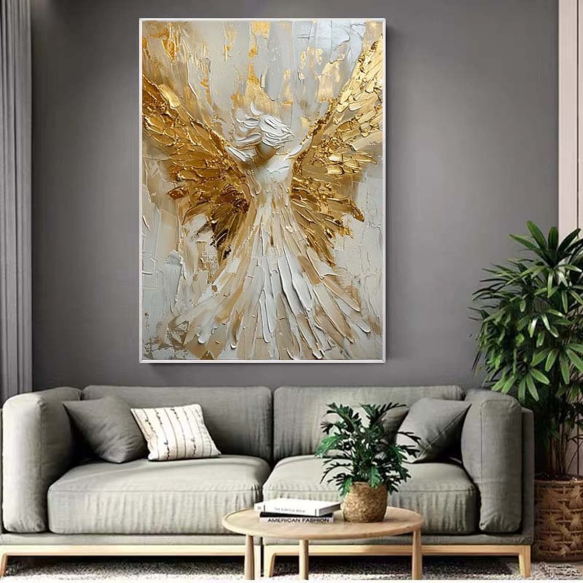 Gold Leaf Angel Wings Oil Painting Art Print - Image 2