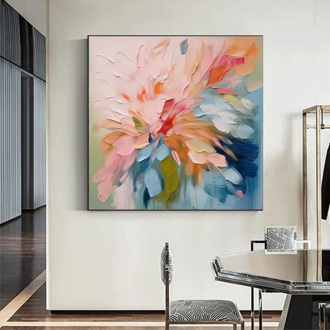 Blush Pink Teal Abstract Bloom Impasto Floral Petal Art Poster - Image 6