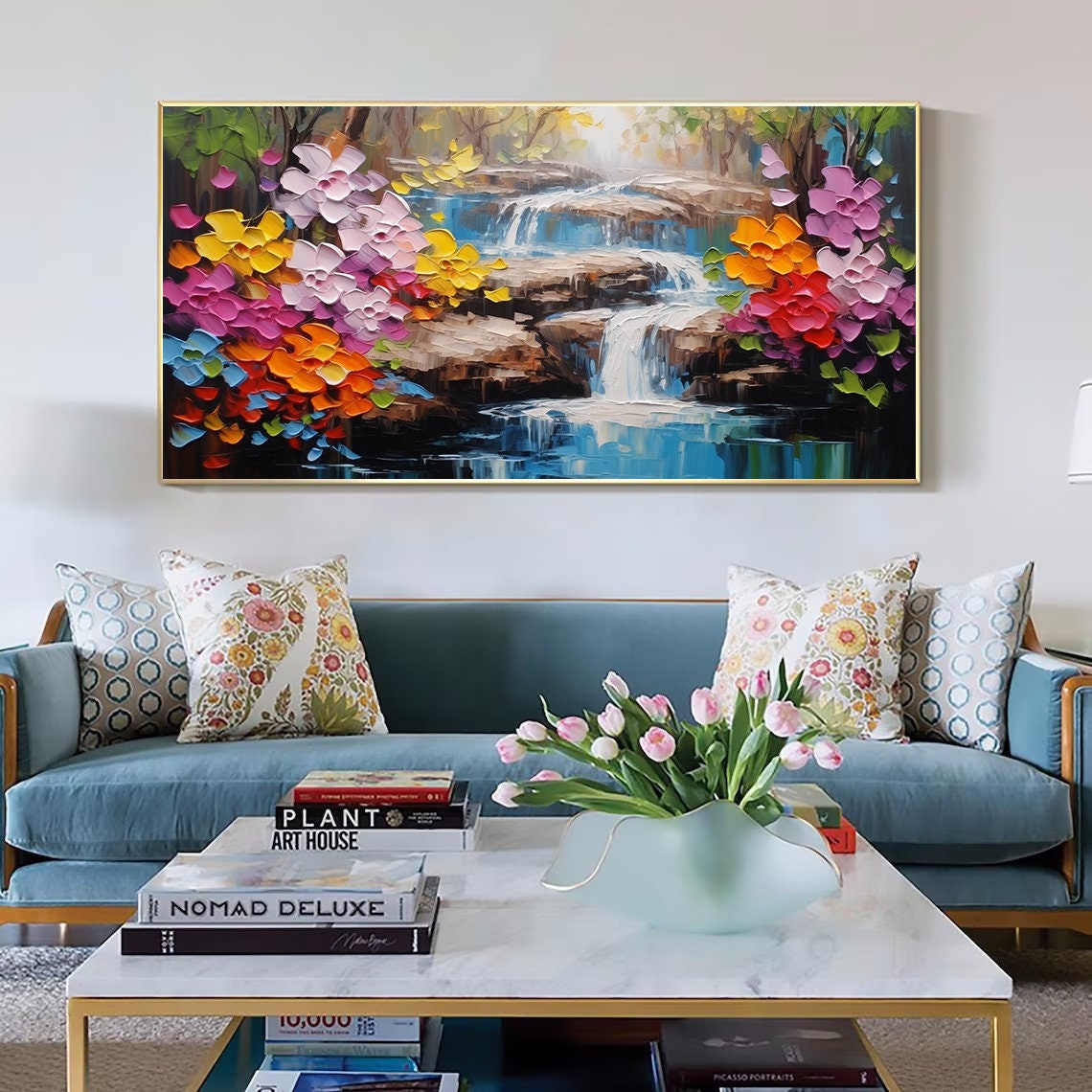 Rainbow Floral Waterfall Cascade Impasto Landscape Living Room Poster - Image 3