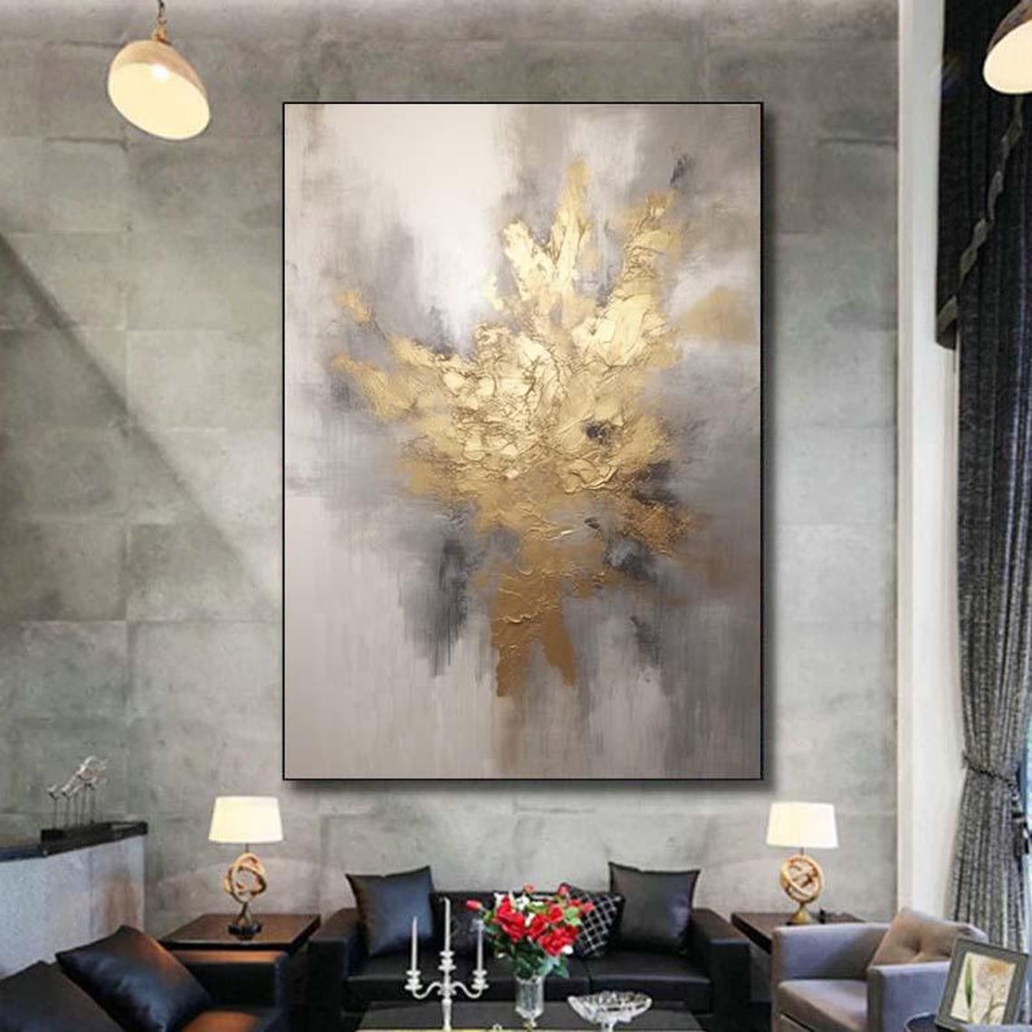 Gold Cloudburst on Grey White Abstract Elegant Painting Poster - Image 6