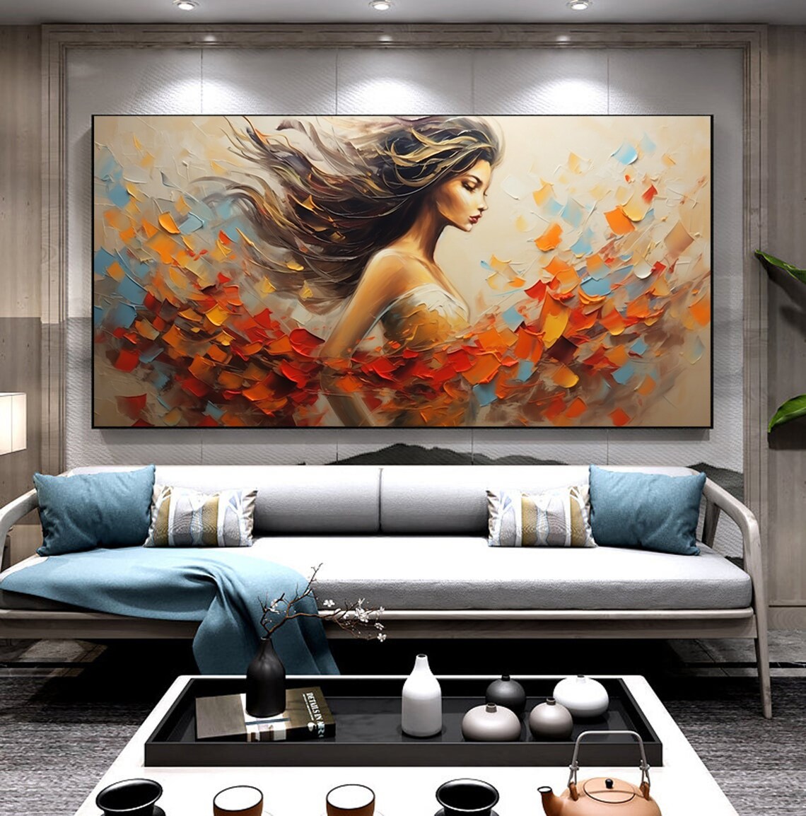 Woman with Flowing Hair Autumn Leaves Back View Painting Poster - Image 5