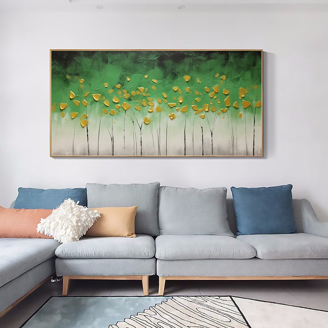 Green Forest Gold Leaf Dots Wide Abstract Nature Tree Line Poster - Image 5