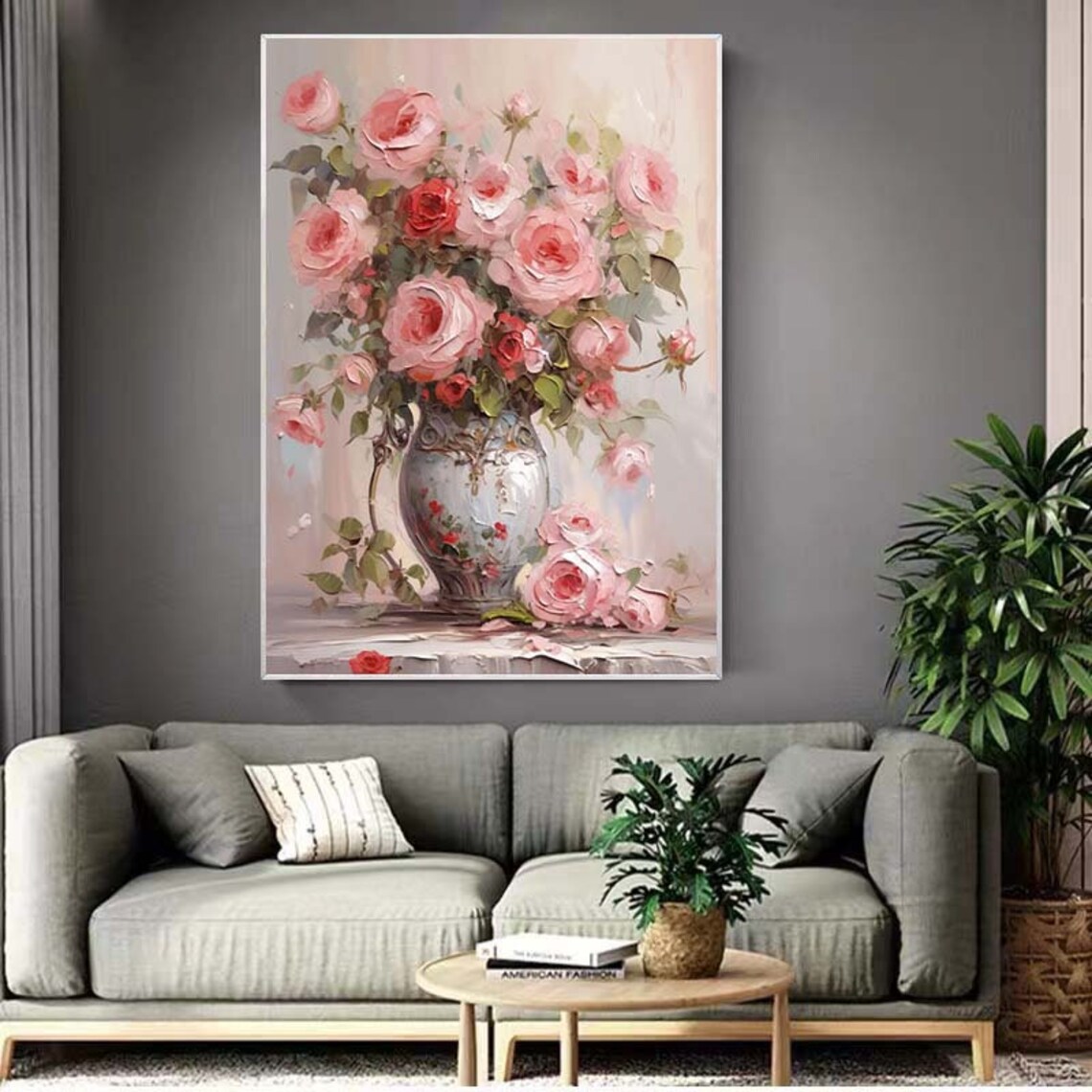 Pink Roses Bouquet in Vintage Vase Oil Painting Floral Poster - Image 4