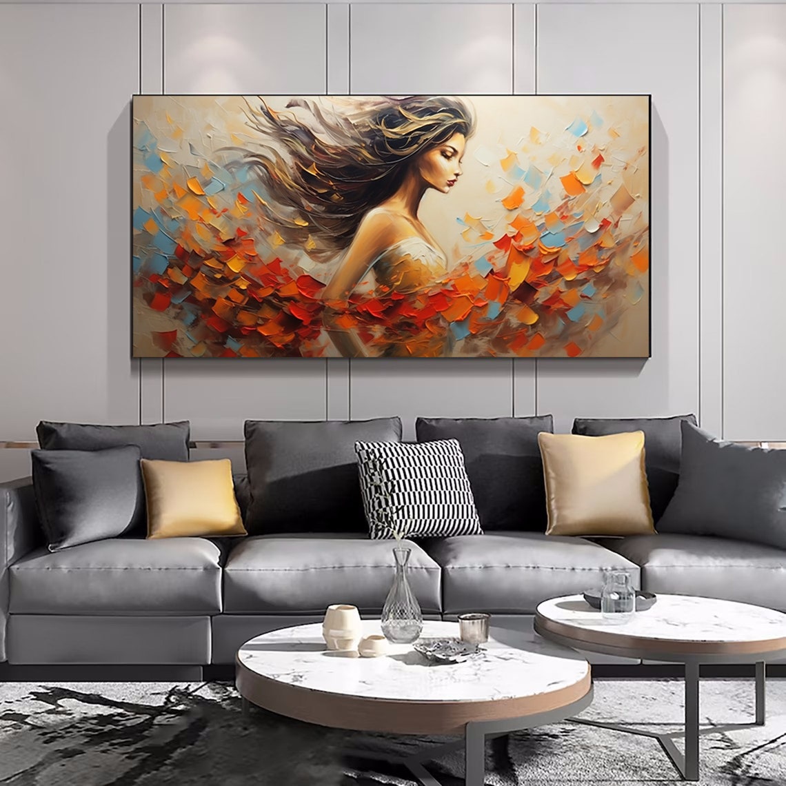 Woman with Flowing Hair Autumn Leaves Back View Painting Poster - Image 4