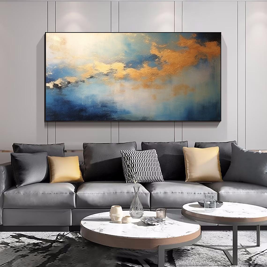 Gold Clouds Over Blue Sea Abstract Sky Modern Painting Poster - Image 4