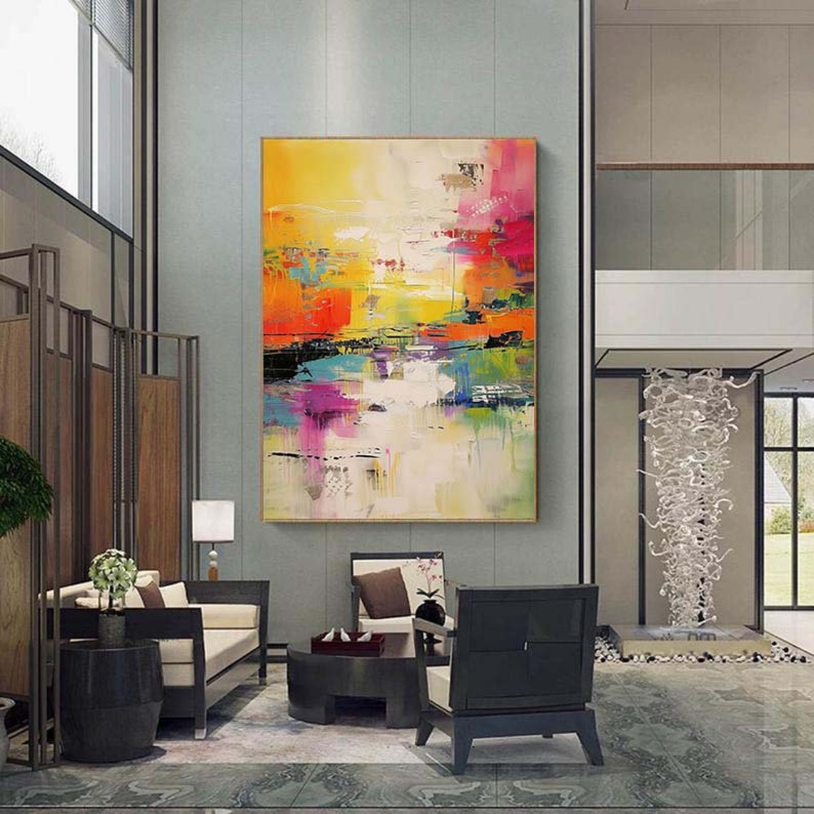 Vibrant Colorful Abstract Blocks Yellow Pink Teal Modern Art Poster - Image 3