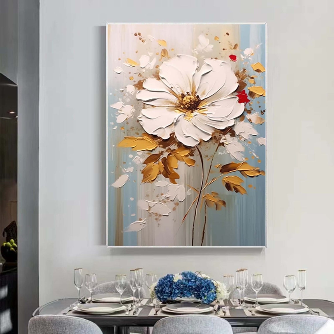 White Flower Gold Leaves Light Blue Botanical Elegant Art Poster - Image 7
