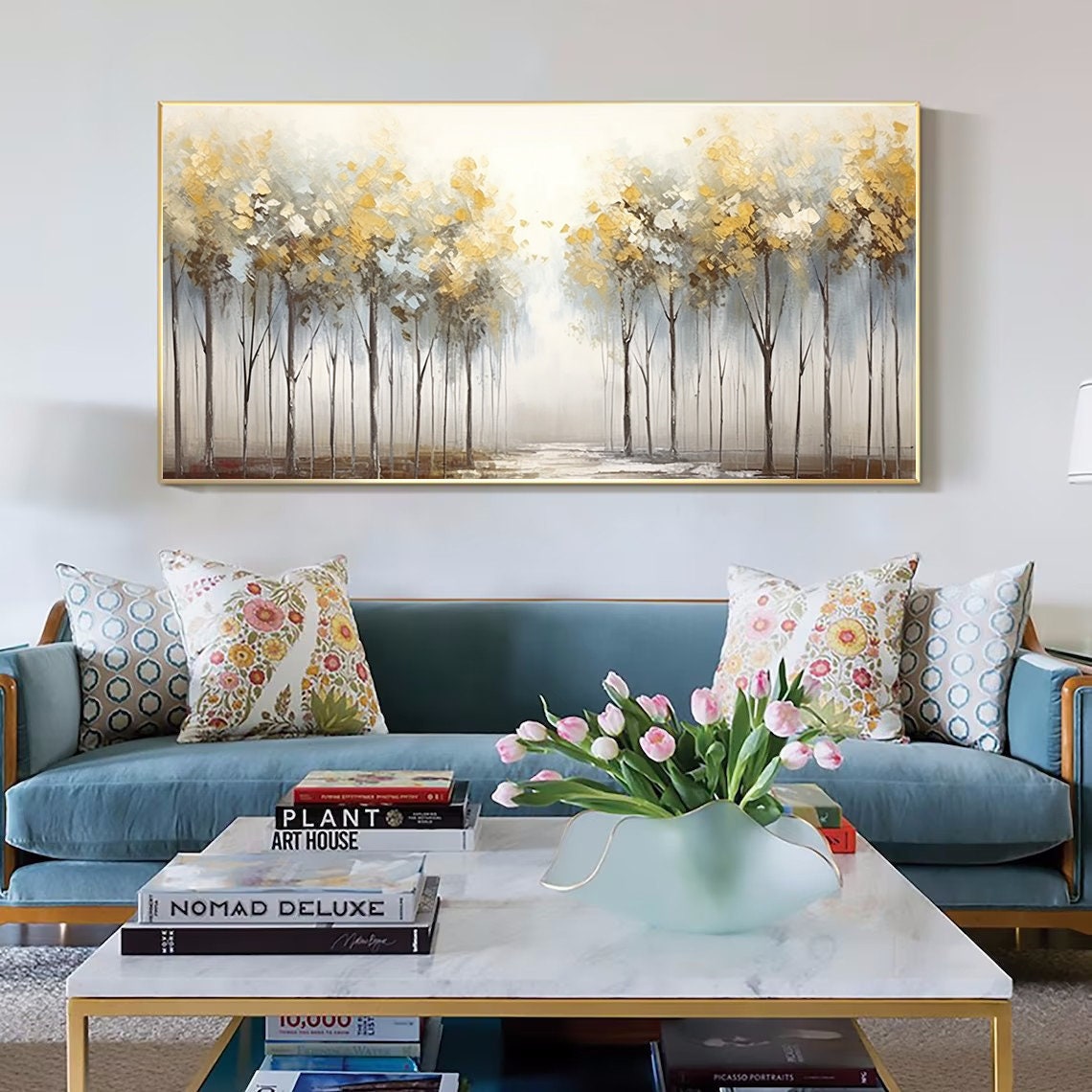 Golden Misty Forest Trees Landscape Oil Painting Serene Poster - Image 3