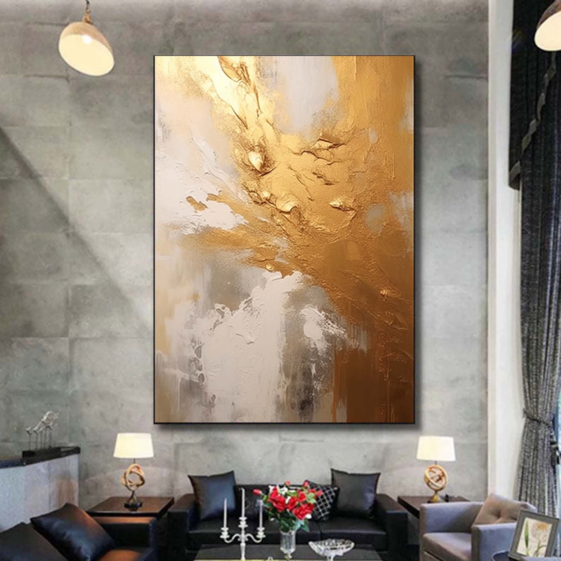 Gold and White Abstract Textured Oil Painting Vertical Luxe Poster - Image 3