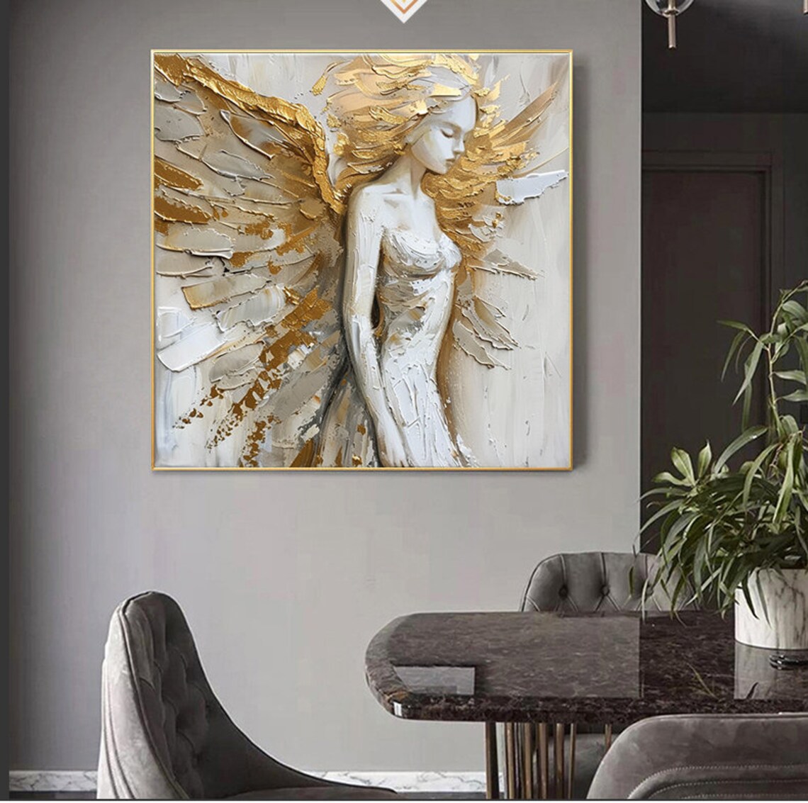 Gold Wings White Angel, Abstract Oil Painting Print - Image 4