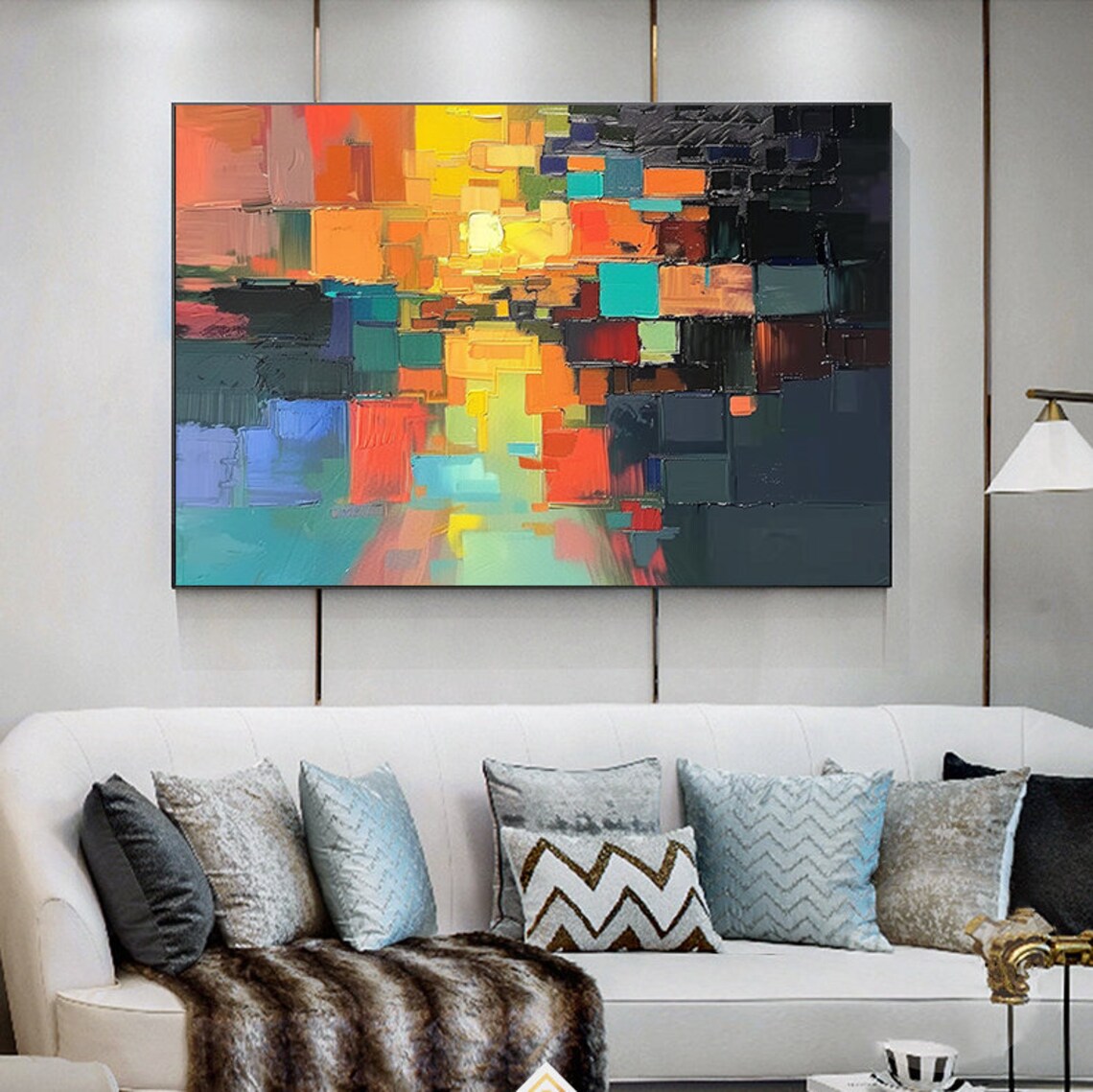 Vibrant Pixel Block Sunset Abstract City Glow Painting Poster - Image 2