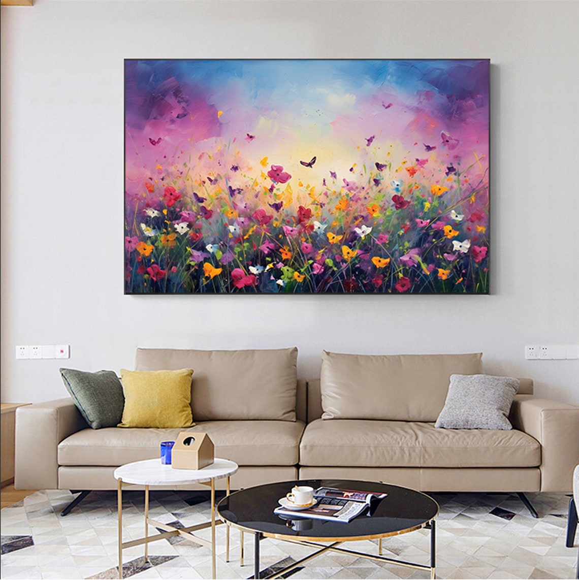 Wildflower Meadow Sunset Butterfly Rainbow Floral Field Poster - Image 3