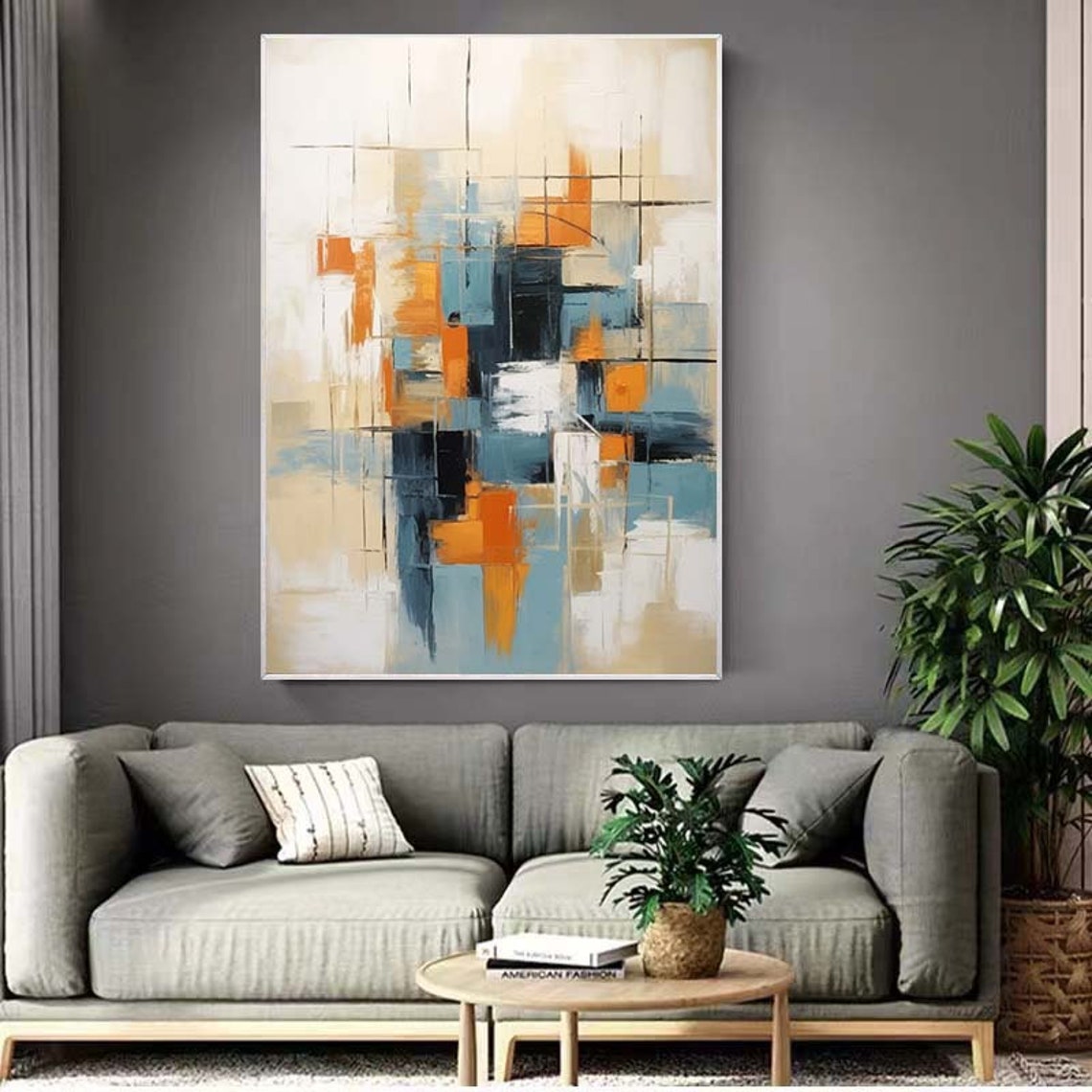 Geometric Orange Blue Grid Lines Abstract Modern Painting Poster - Image 3