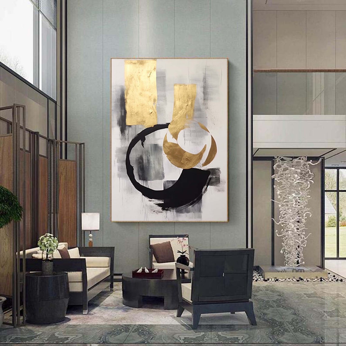 Minimal Gold Leaf And Black Brushstroke Abstract Circle Poster - Image 3