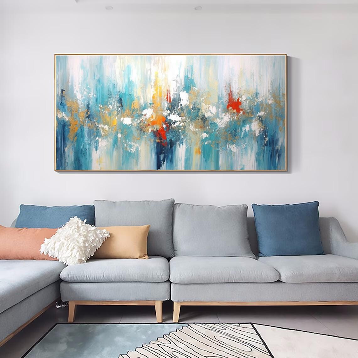 Teal Blue Abstract Painting With Fiery Red and Orange Accents Poster - Image 5