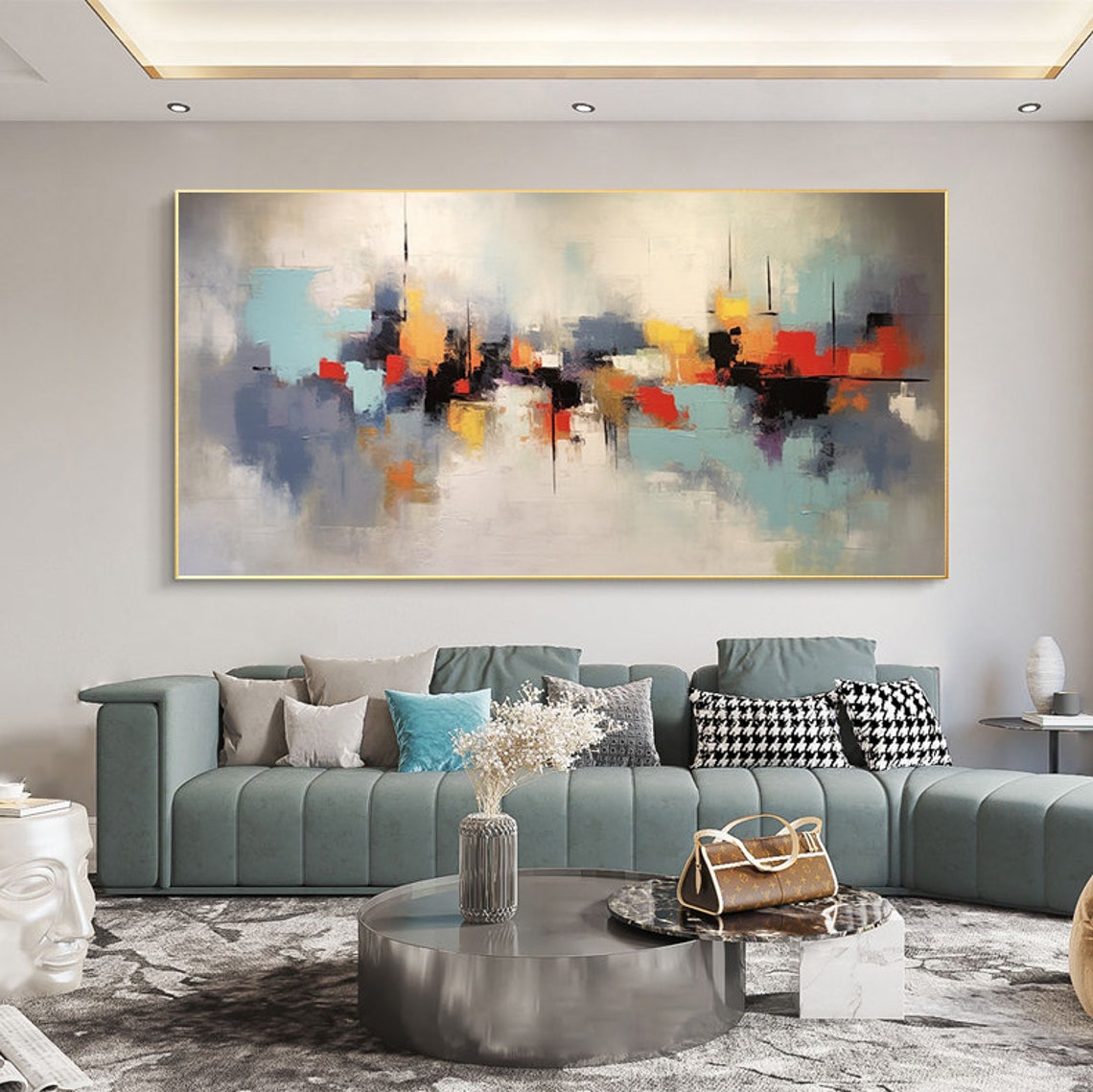 Color Block Red Teal Orange Wide Modern Abstract City Poster - Image 7
