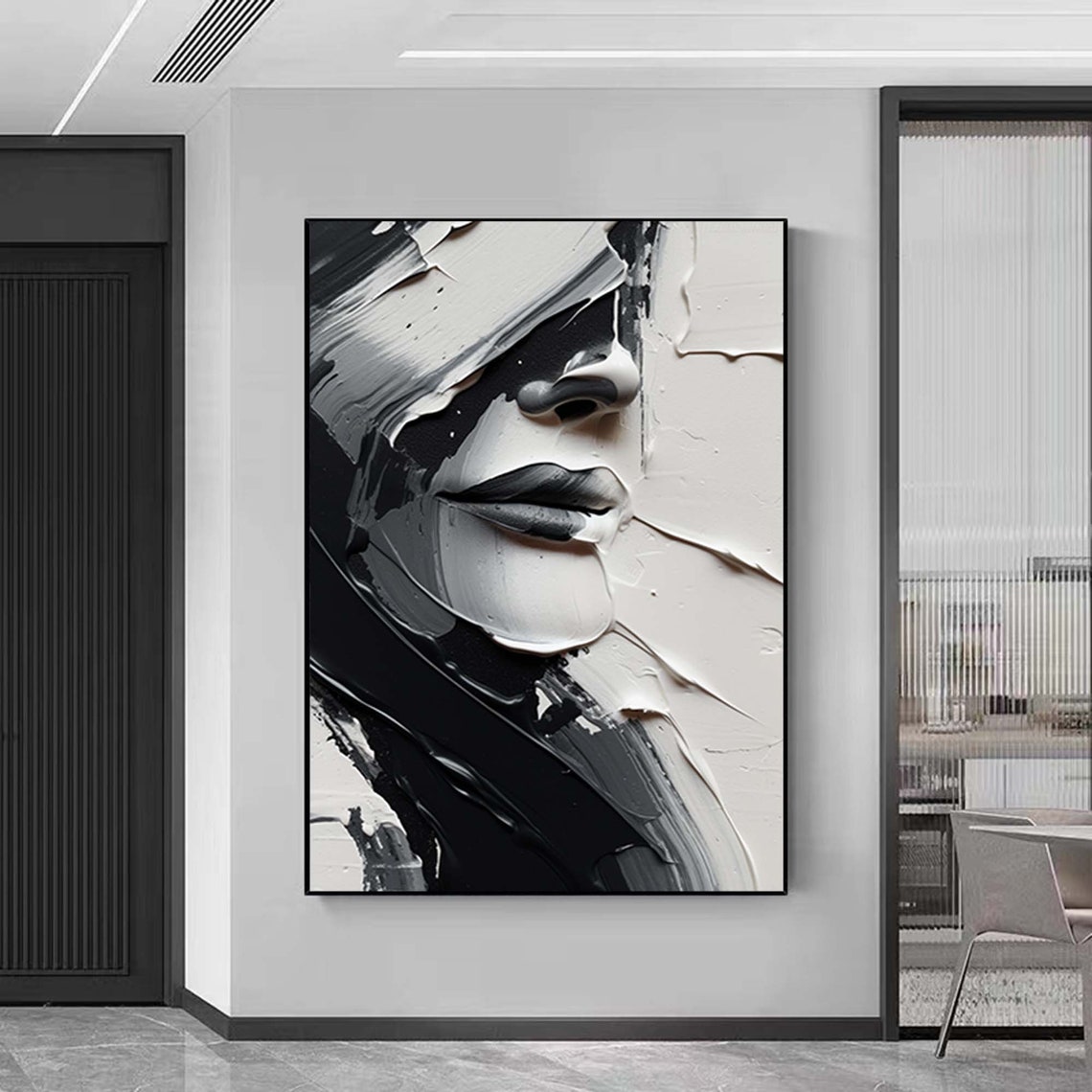 Black White Abstract Face Profile Textured 3D Oil Painting Poster - Image 2