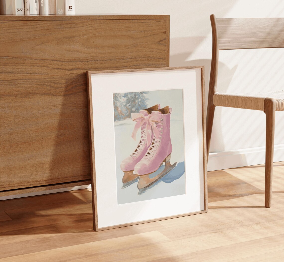 Pink Ice Skates Big Pink Bow Winter Painting Feminine Poster - Image 2