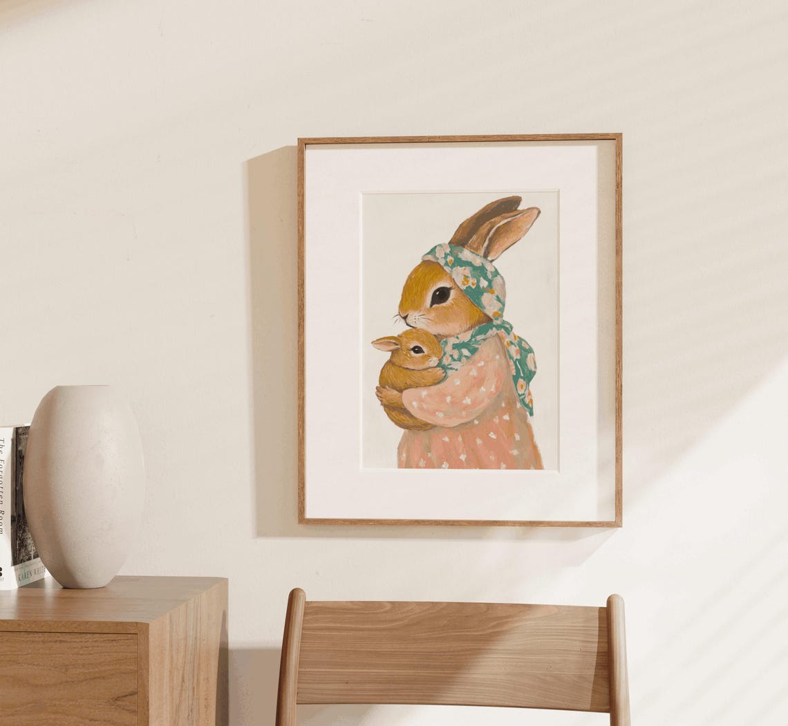 Rabbit Mother Hugging Baby Bunny Nursery Floral Watercolor Wall Art - Image 3