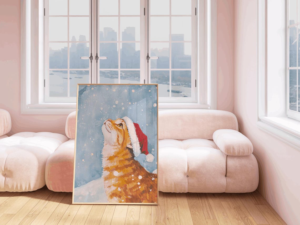 Ginger Cat Santa Hat Watching Falling Snow Blue Winter Poster