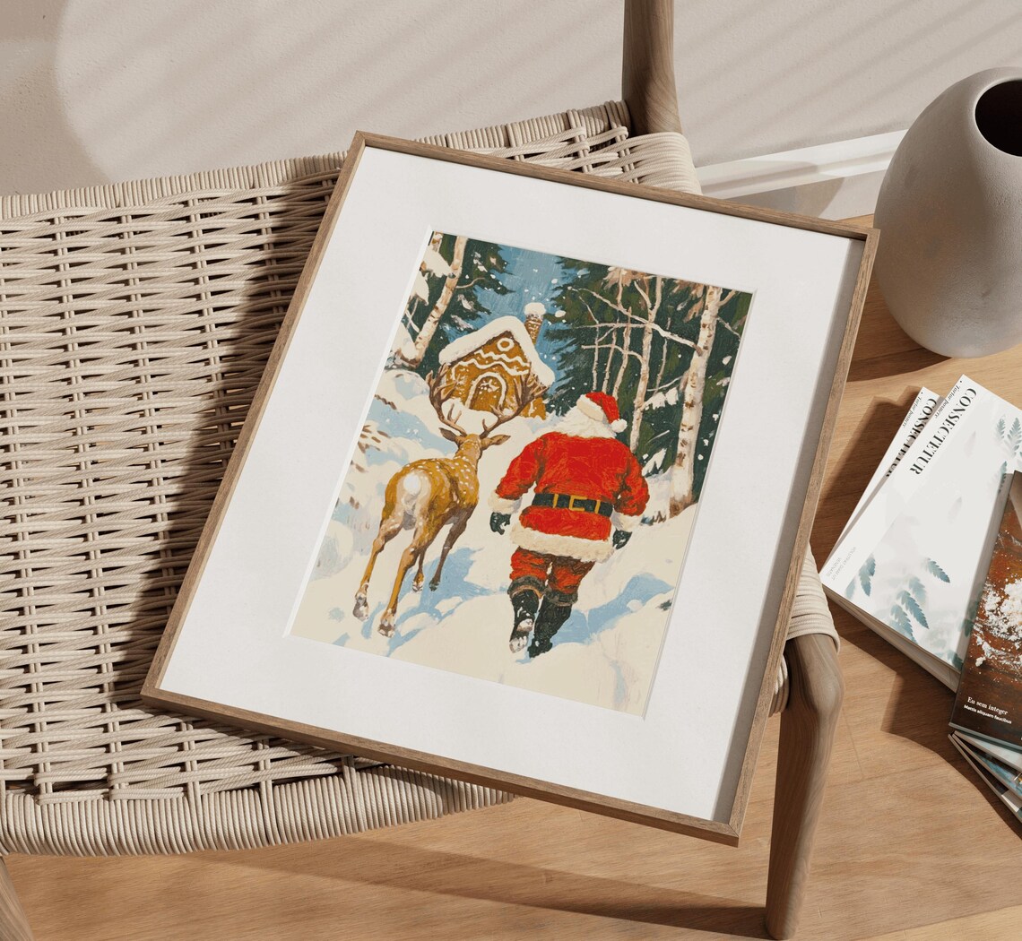 Santa Claus and Reindeer Walk to Gingerbread House Snowy Forest Poster - Image 3