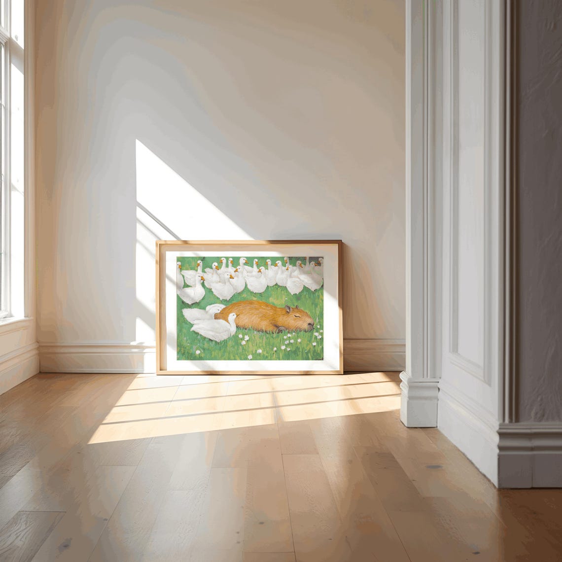 Sleeping Capybara White Geese Green Meadow Funny Animal Poster
