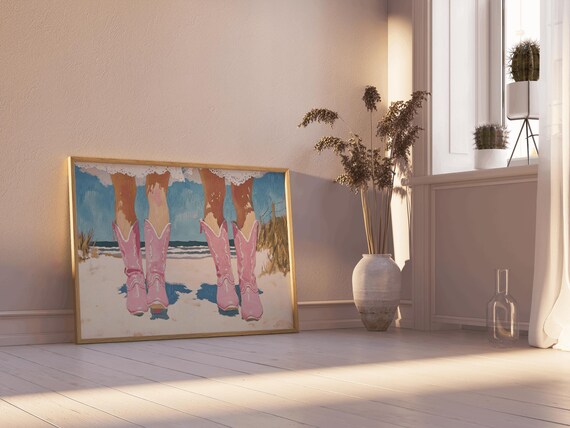 Three Cowgirls Pink Cowboy Boots Beach Ocean Summer Coastal Poster