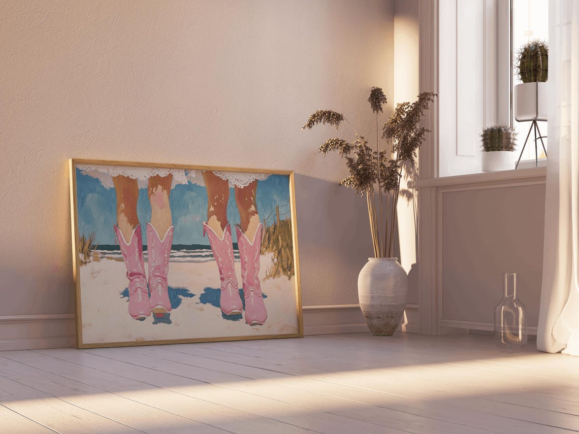 Three Cowgirls Pink Cowboy Boots Beach Ocean Summer Coastal Poster
