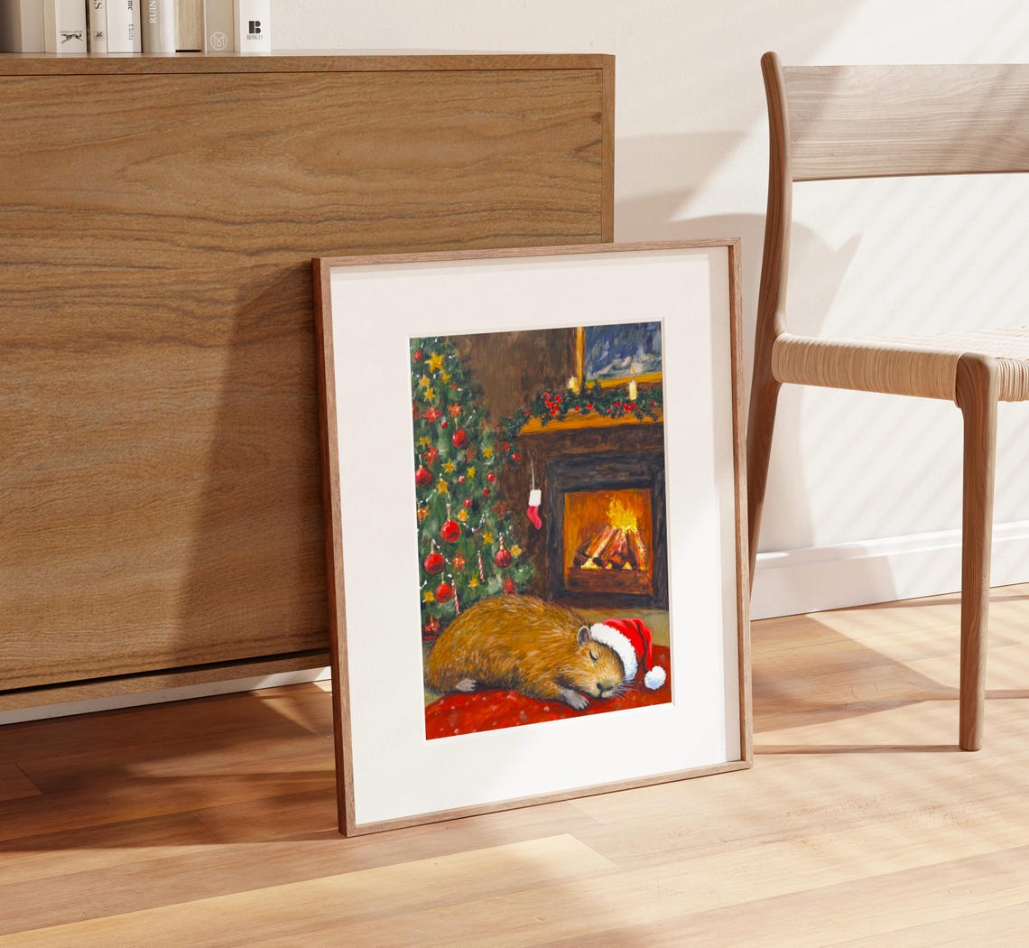 Sleeping Capybara Santa Hat Fireplace Christmas Painting Poster - Image 2