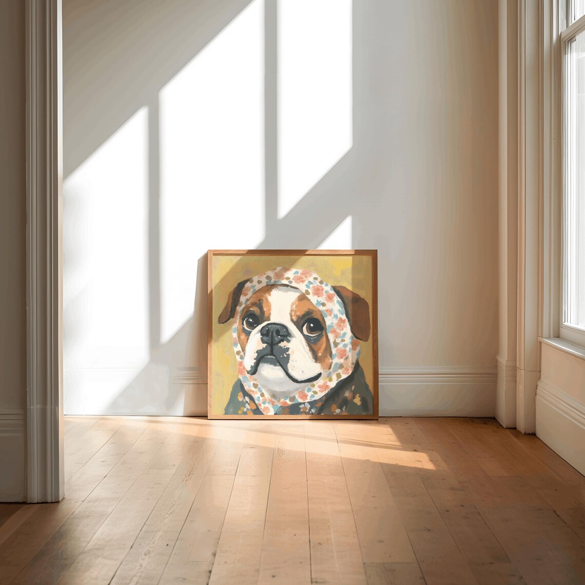 English Bulldog Puppy Floral Babushka Yellow Portrait Poster