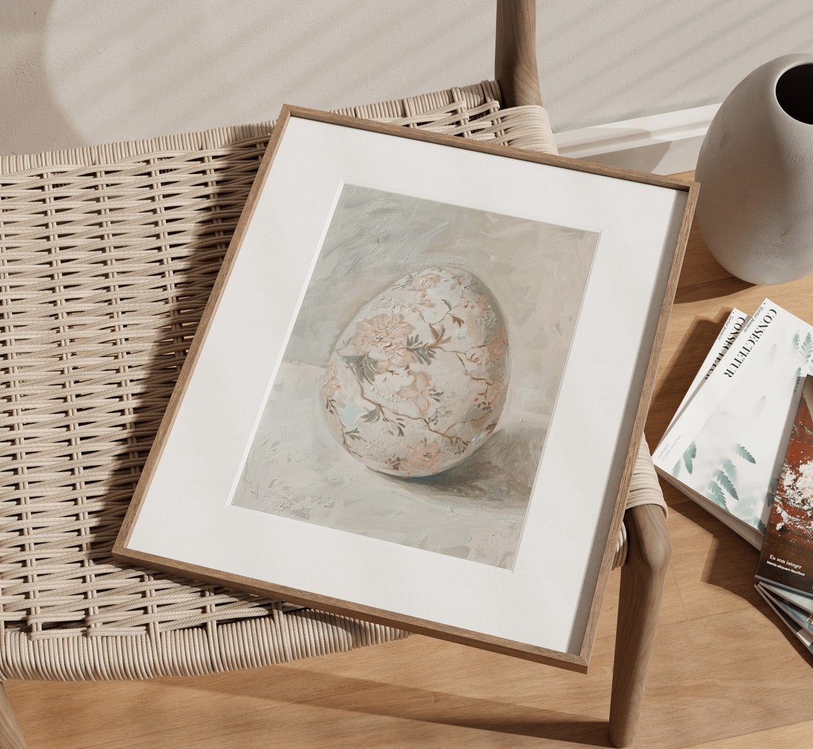 Floral Chinoiserie Easter Egg Neutral Still Life Painting Art Print