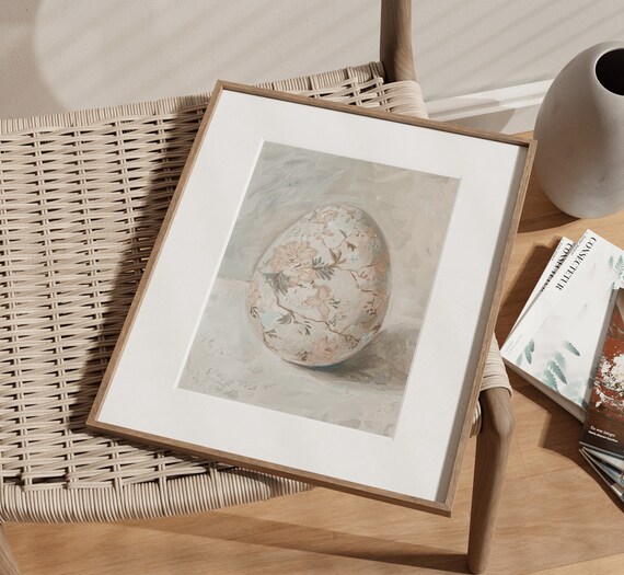 Floral Chinoiserie Easter Egg Neutral Still Life Painting Art Print